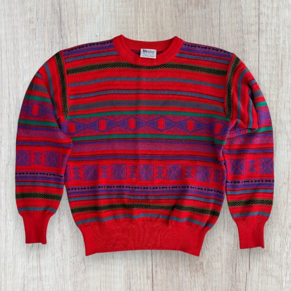 Vintage Meister Southwestern Geometric Knit Sweater Coogi Style Red Wool Blend M